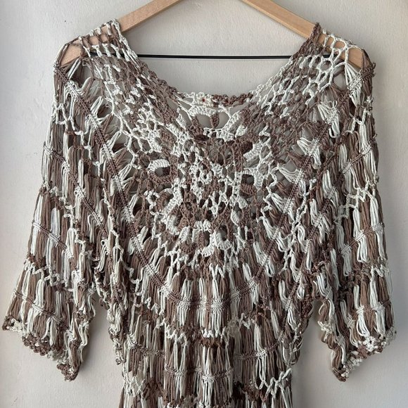 Vintage Y2K Vivid Collection Brown White Crocheted Swim Cover Up Blouse - Picture 8 of 10